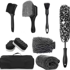 9-Piece Car Cleaning Kit, Including Wheel Cleaning Brush, Microfiber Cleaning Cloth, Soft Bristle Rim Brush, Tire Shine Applicator Pad, and Complete Car Detailing Tools