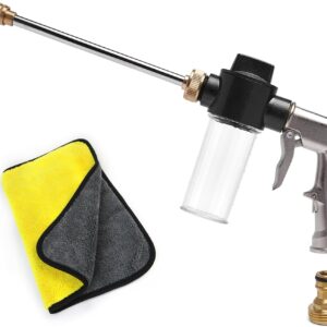 Car Wash Foam Gun for Hose, High Pressure Foam Gun Car Wash Sprayer with 100cc/3.5oz Plastic Soap Dispenser Bottle + Washing Towel, For Gardening, Watering Plants, Floor Cleaning (Silver)