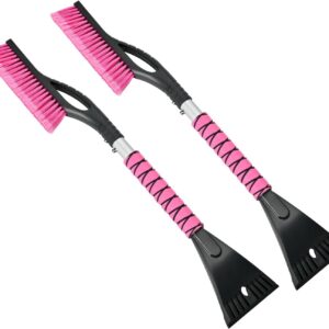 27" Snow Brush and Ice Scrapers for Car Windshield 2 Pack, Scratch-Free Bristle Head PVC Snow Brush & Foam Grip Window Snow Scraper Snow Removal Tool with Aluminum Body for Truck, SUV, Pink