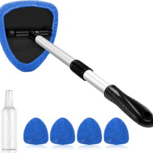 Windshield Cleaner Tool, Car Interior Detailing Cleaning Kit with Extendable Handle and 4 Upgraded High-Density Reusable Microfiber Pads, Auto Glass Wiper Brush Kit for Cars, Blue, 15.9in-21in